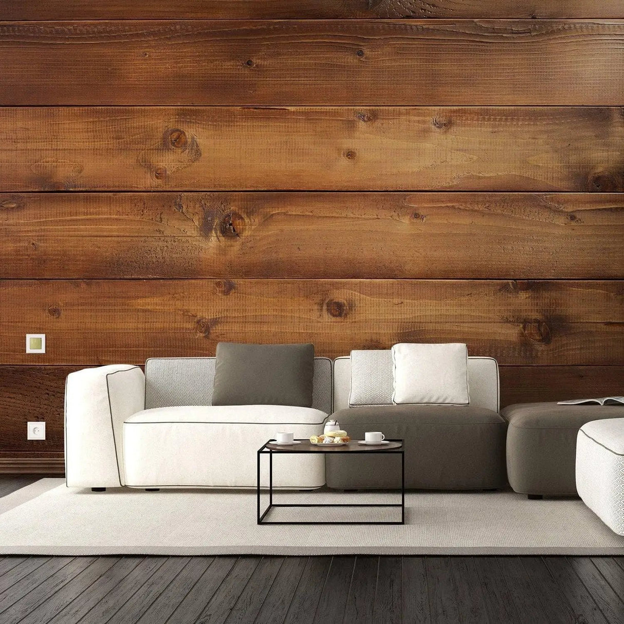 Cozy living room featuring wooden wall, modern sofa, and stylish coffee table for an elegant ambiance.