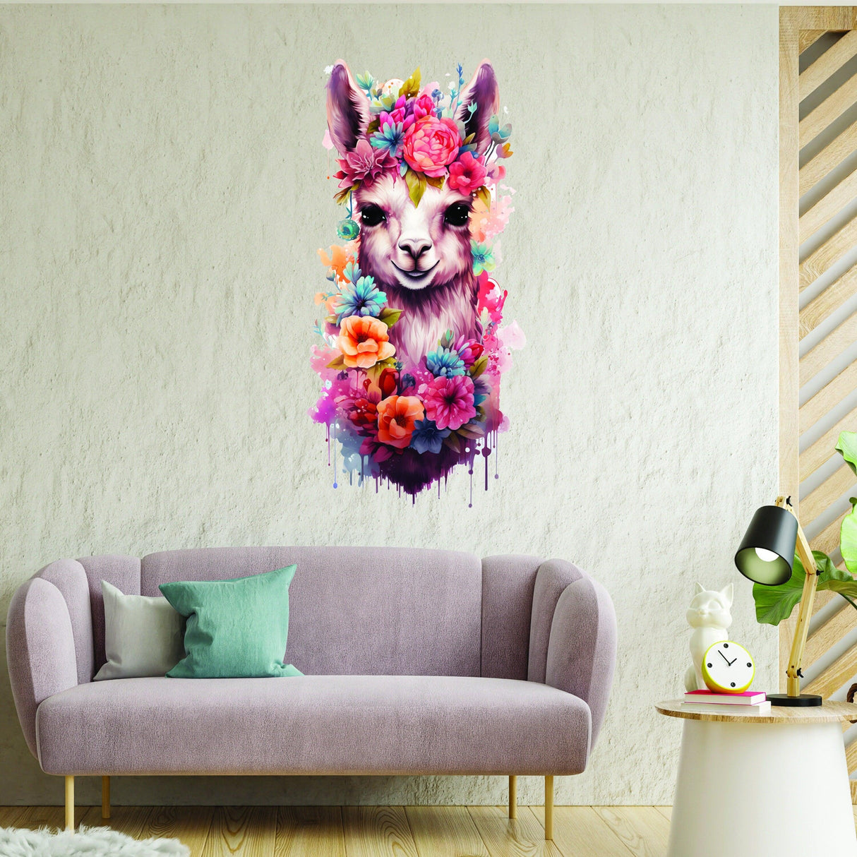 Cute whimsical alpaca wall sticker surrounded by colorful flowers in a modern nursery setting.