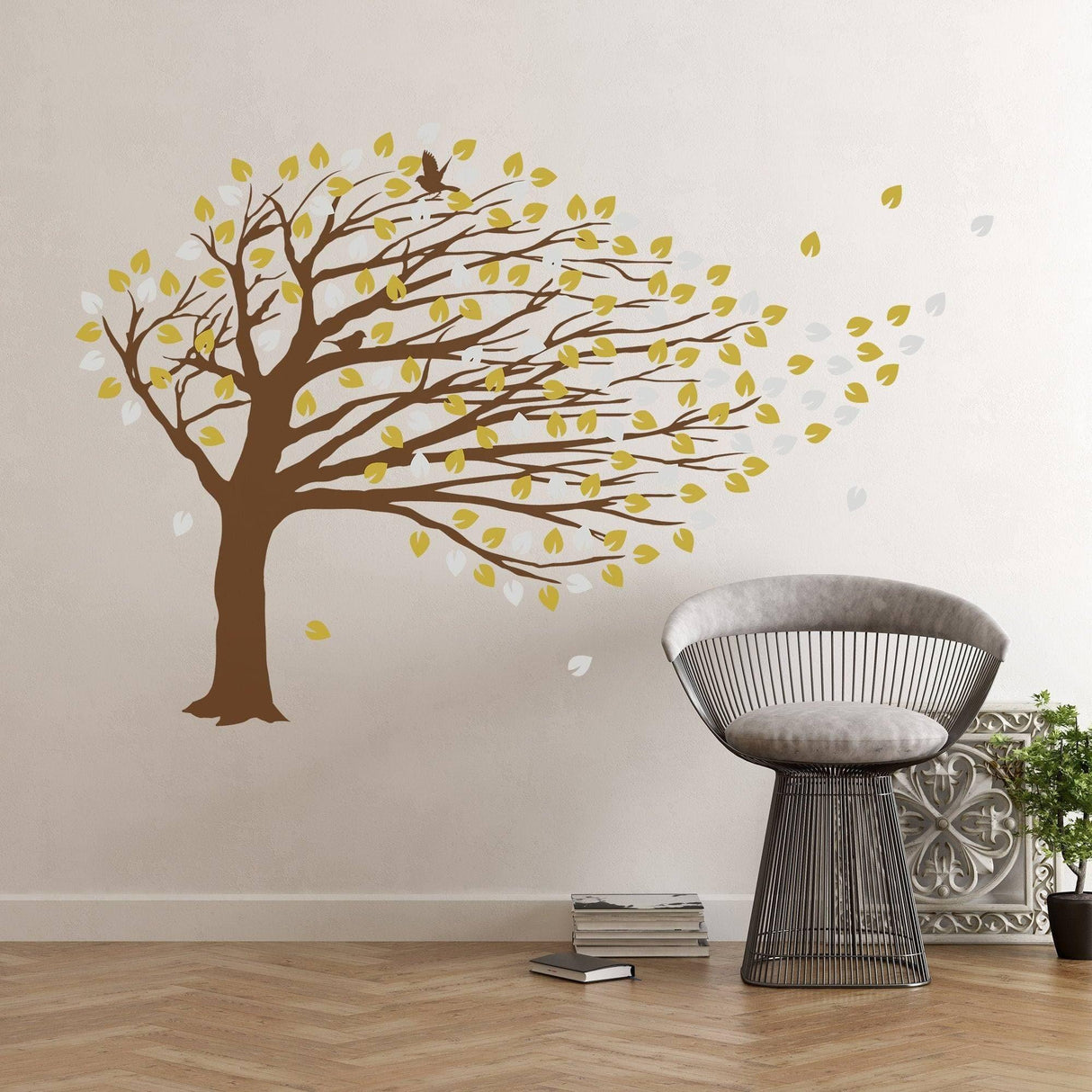 Decorative Windy Tree Wall Decal with yellow leaves in a modern living space.