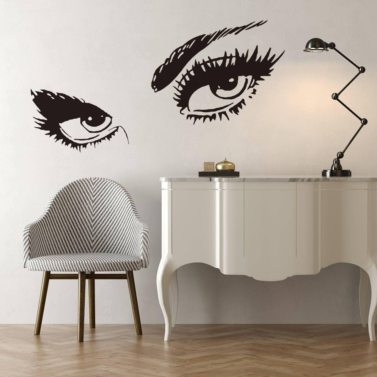 Chic Woman Eye Vinyl Wall Decal in modern living room, enhancing elegant aesthetic decor.