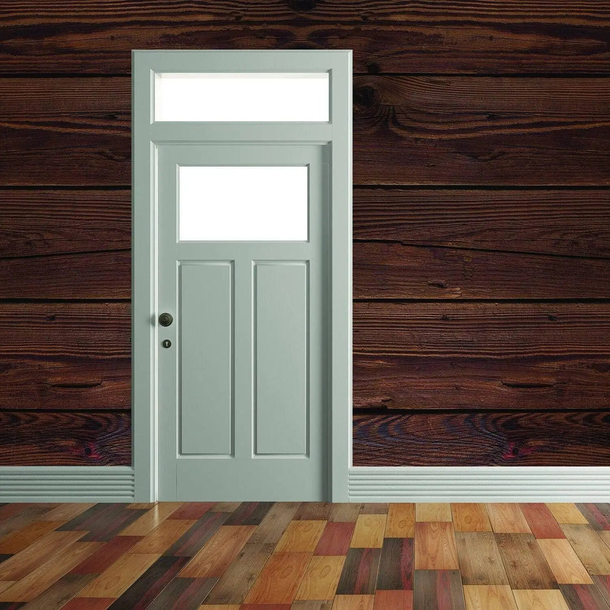 Rustic wood wall decal with a light-colored door, showcasing a warm and inviting home interior design.