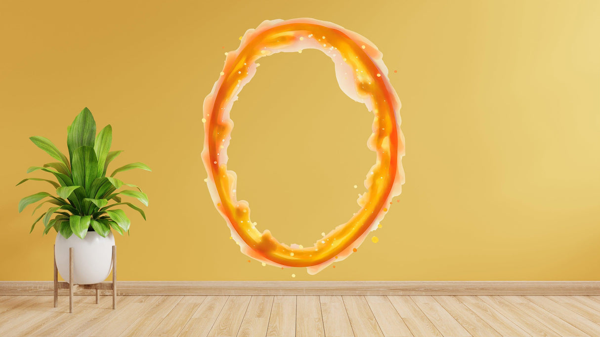 Vibrant orange oval aura wall sticker on a yellow wall, ideal for game room decor.