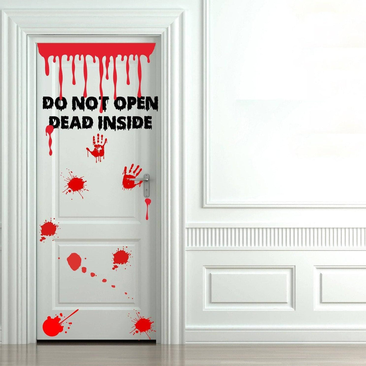 Zombie bathroom door sticker with blood drips and warning: 'Do Not Open, Dead Inside' for Halloween decor.