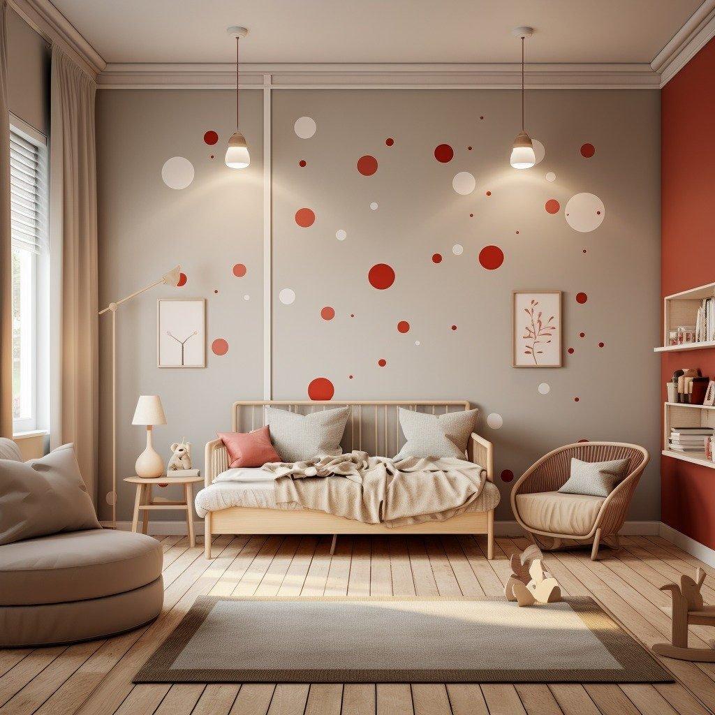 Stylish children's room featuring matte white and red round dot vinyl stickers on the walls.