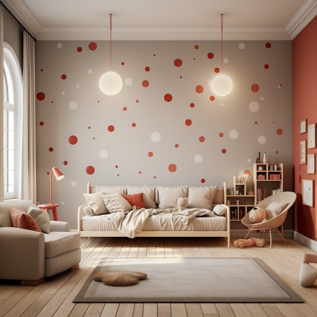 Bright living room with matte white and red dot stickers on the wall, cozy furniture, and playful decor.
