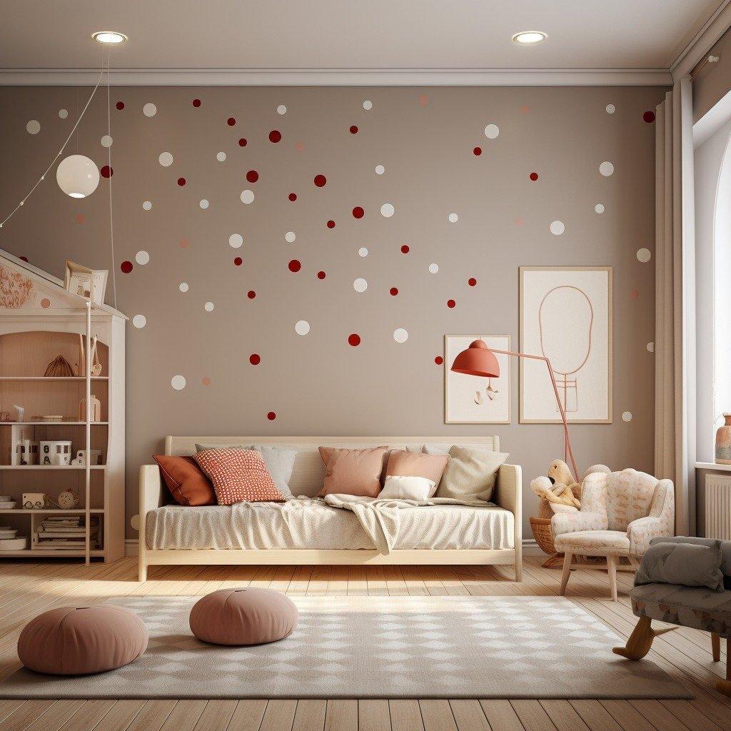 Stylish room decor showcasing matte white and red dot stickers on the wall, enhancing a child's vibrant space.