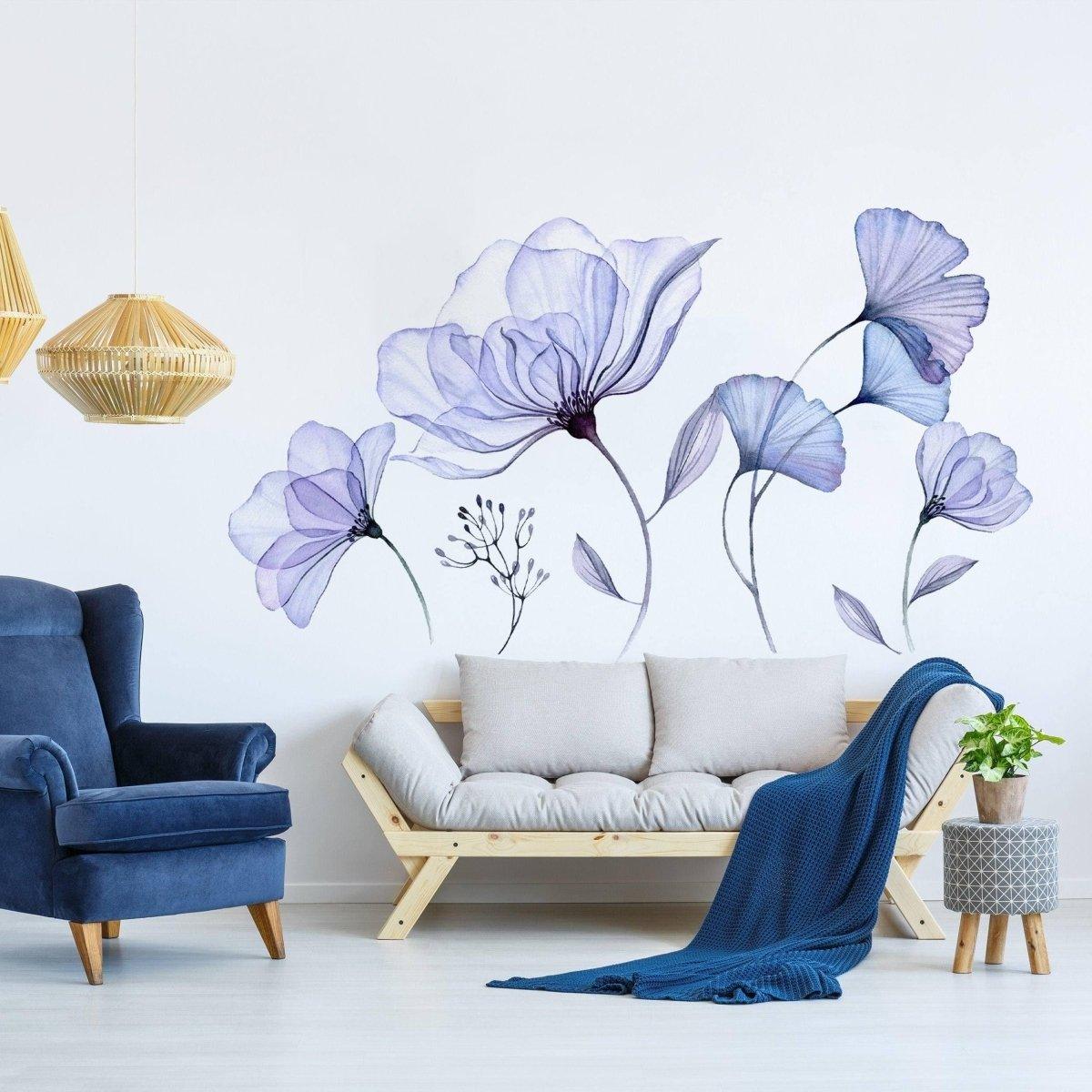 Elegant 3D blue blossom wall decal in a stylish living room, adding charm and sophistication to the decor.
