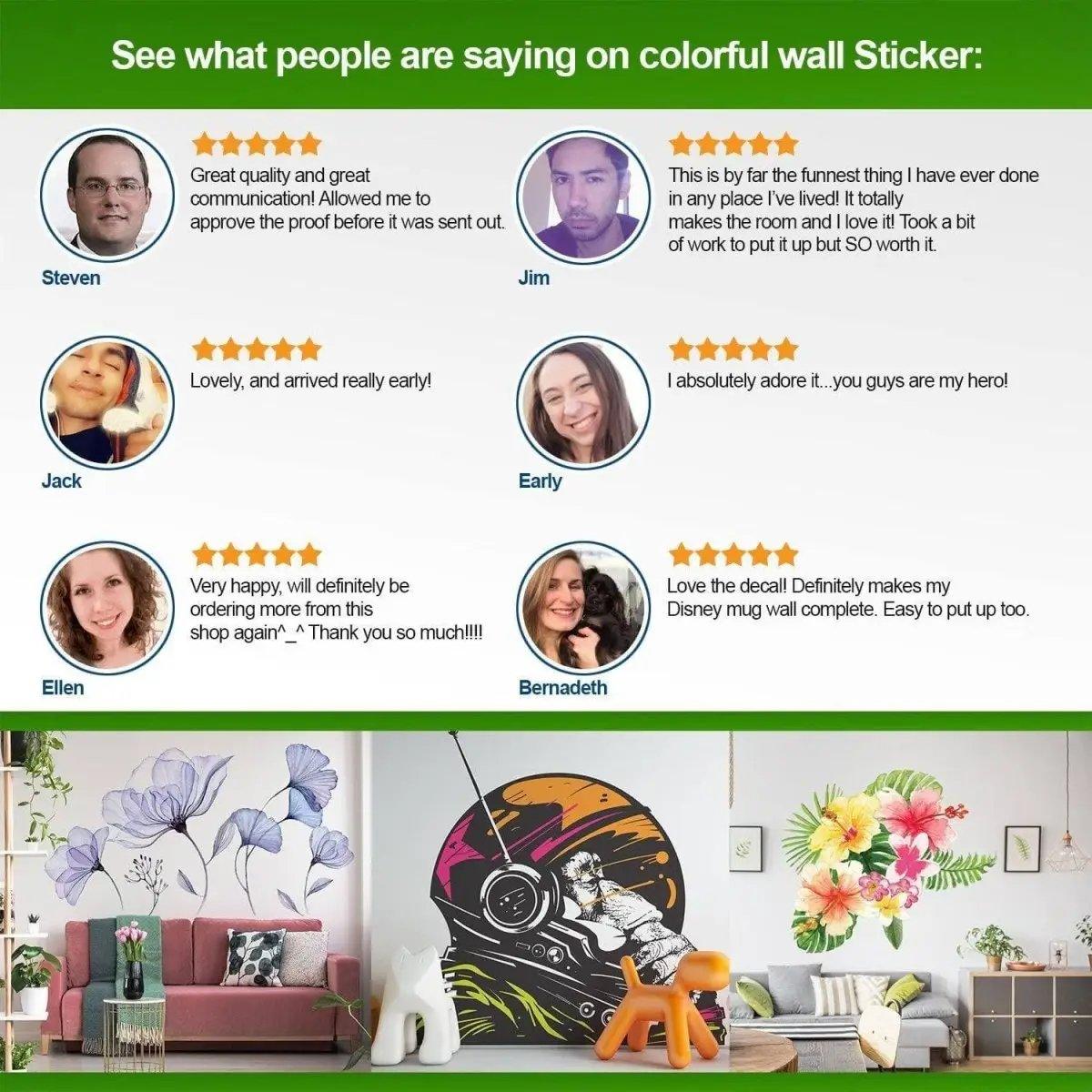 Customer reviews for colorful wall stickers showcasing satisfaction and charm in home decor.
