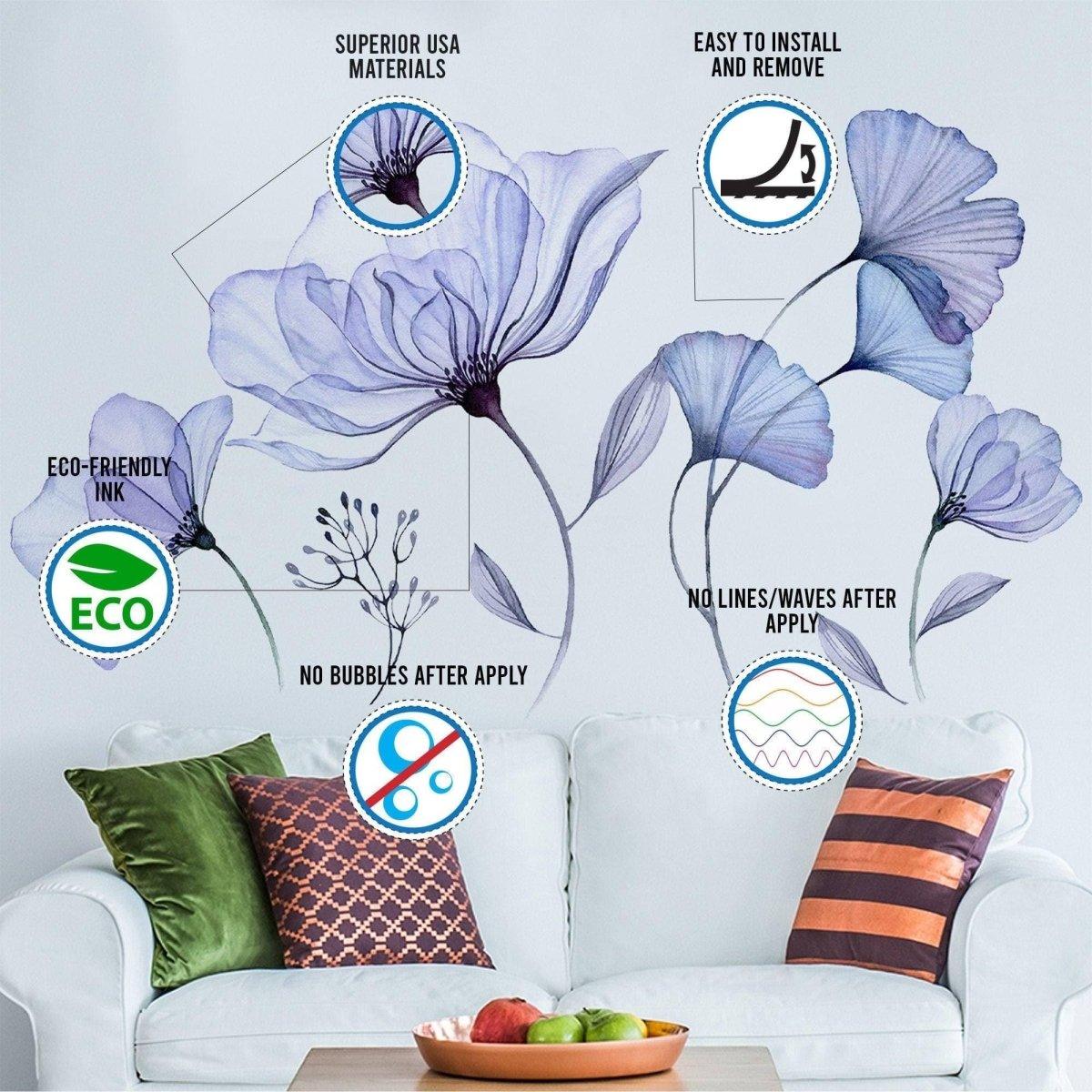 Elegant 3D blue blossom wall decal with eco-friendly ink, easy installation, and no bubbles or lines after application.
