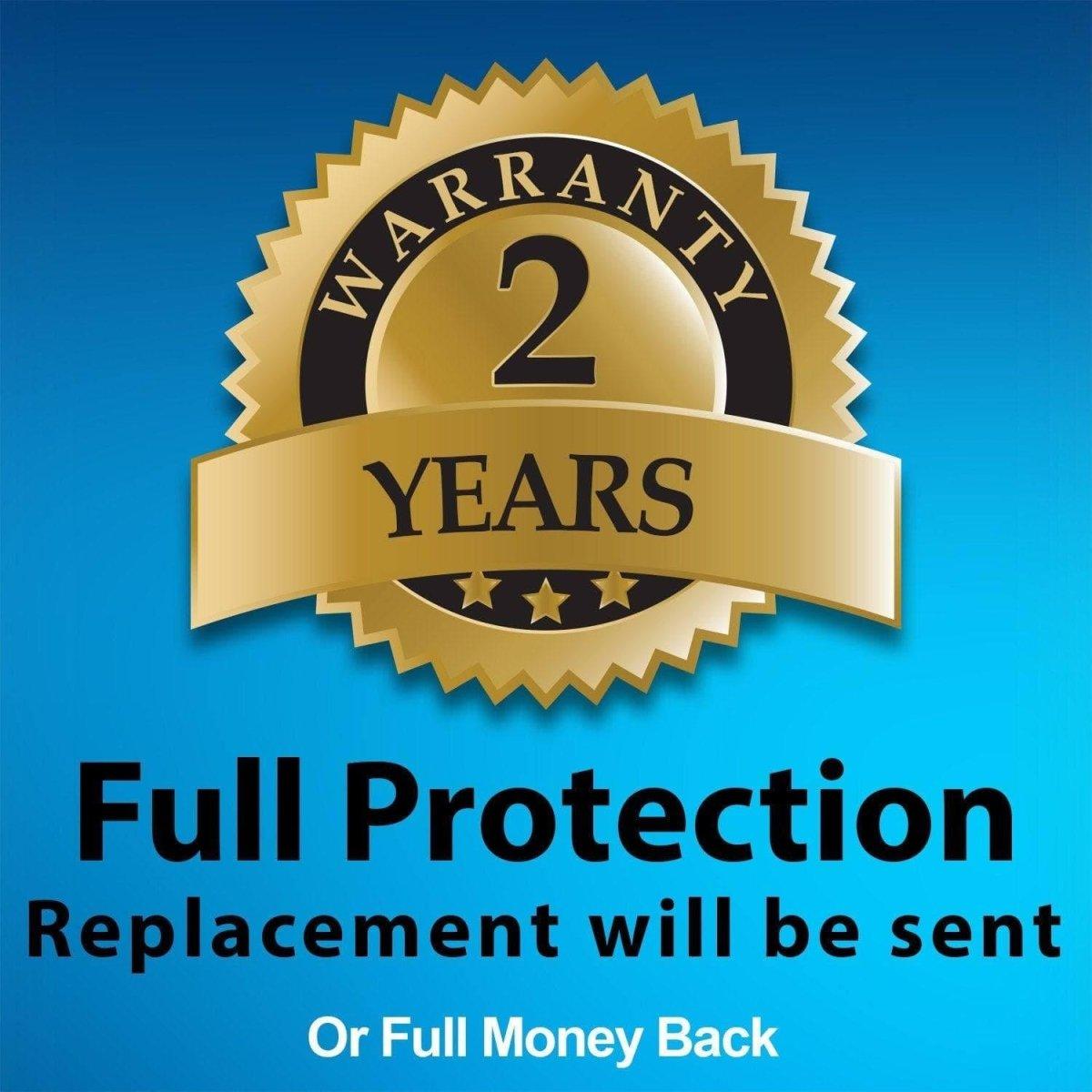 2-year warranty badge with full protection, replacement guarantee or money back assurance.