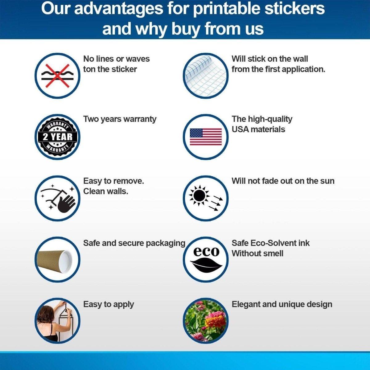 Infographic highlighting advantages of our printable stickers including durability and eco-friendliness.