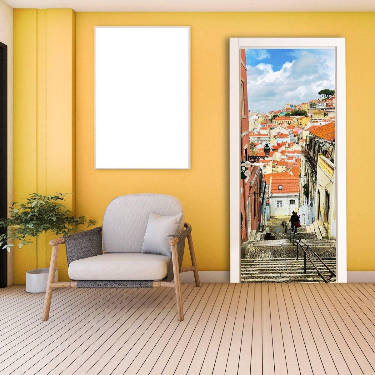 Vibrant 3D door makeover set showcasing a scenic city view in a stylish interior design.