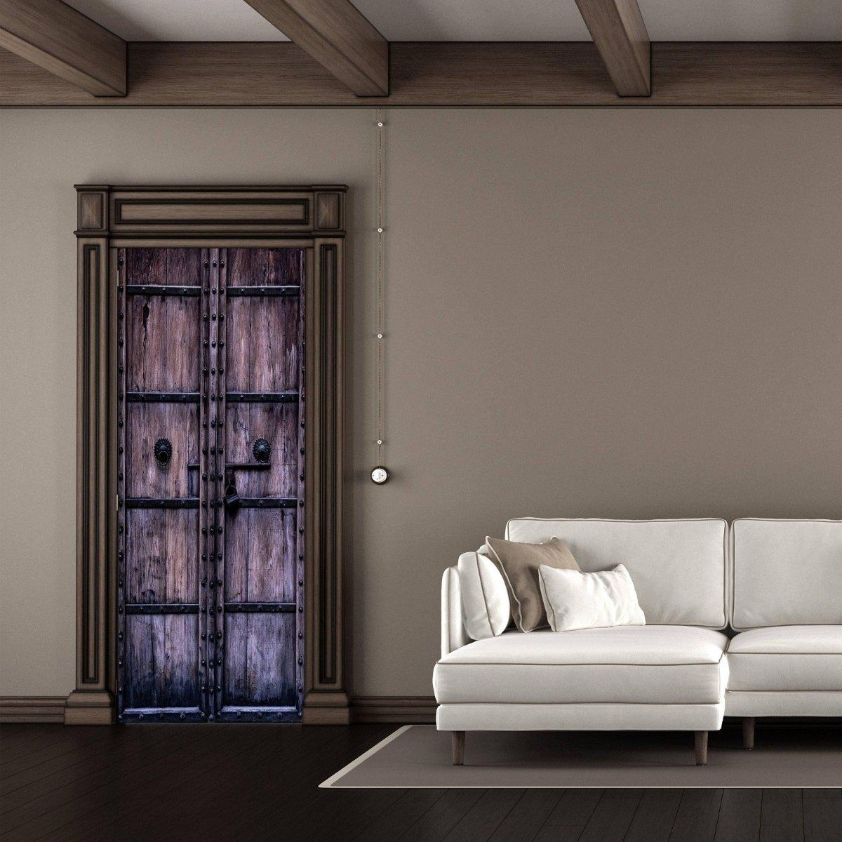 Stylish 3D door makeover with a textured wooden design in a modern living room setting.