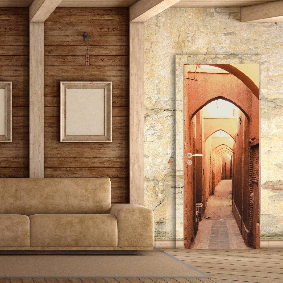 3D Door Makeover Set featuring a vibrant door mural in a stylish interior with wooden walls and a cozy sofa.