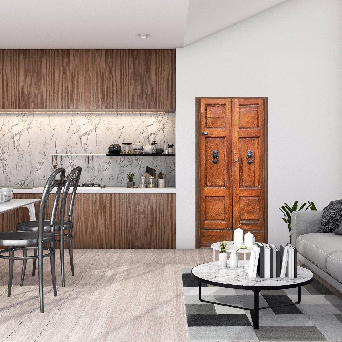 Modern kitchen with a stylish 3D door makeover featuring a vibrant wooden door design.