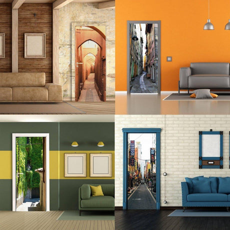 Showcasing various room transformations with 3D door makeover set, featuring vibrant designs and creative decor.