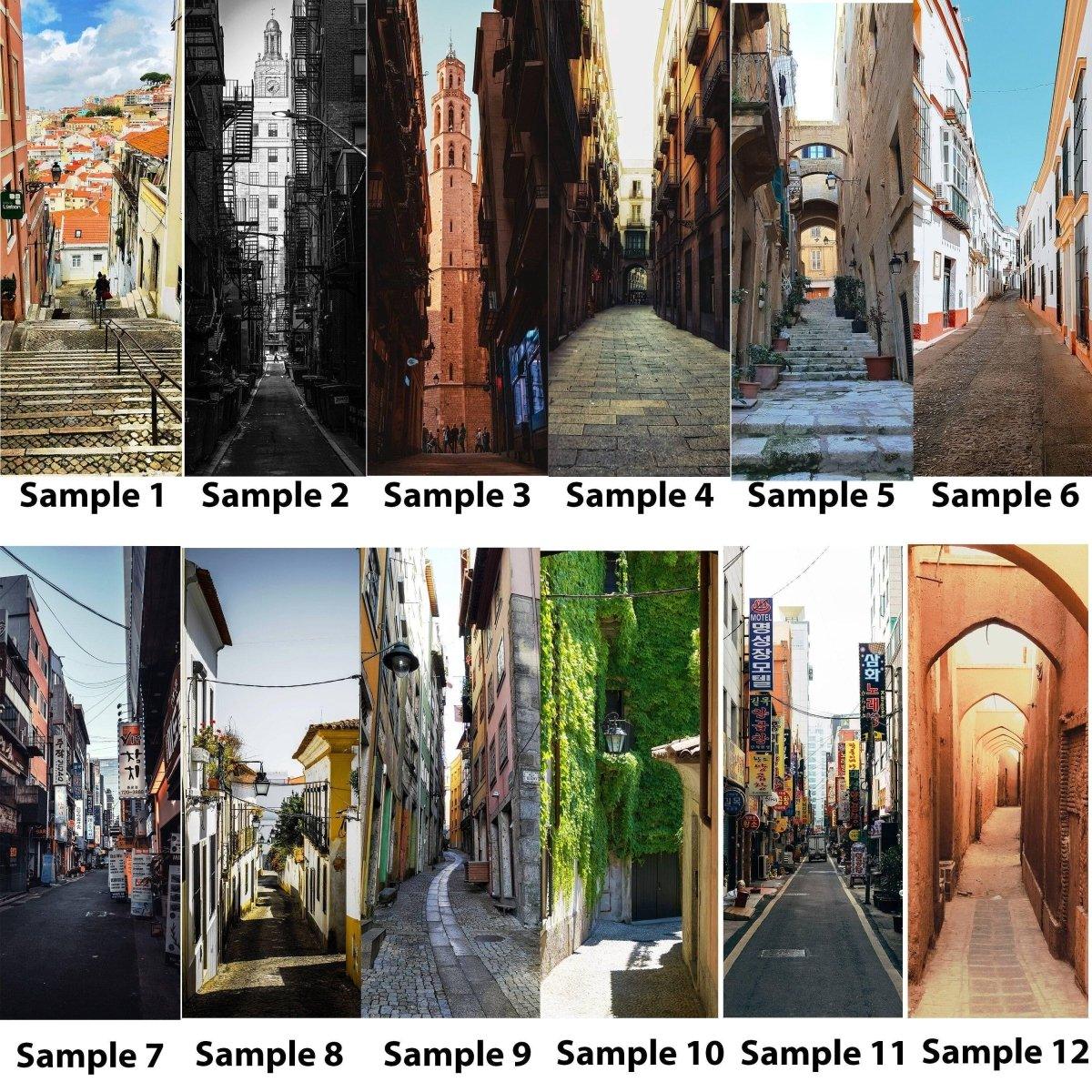 Collage of 12 cityscape samples showcasing diverse urban streets and architecture.