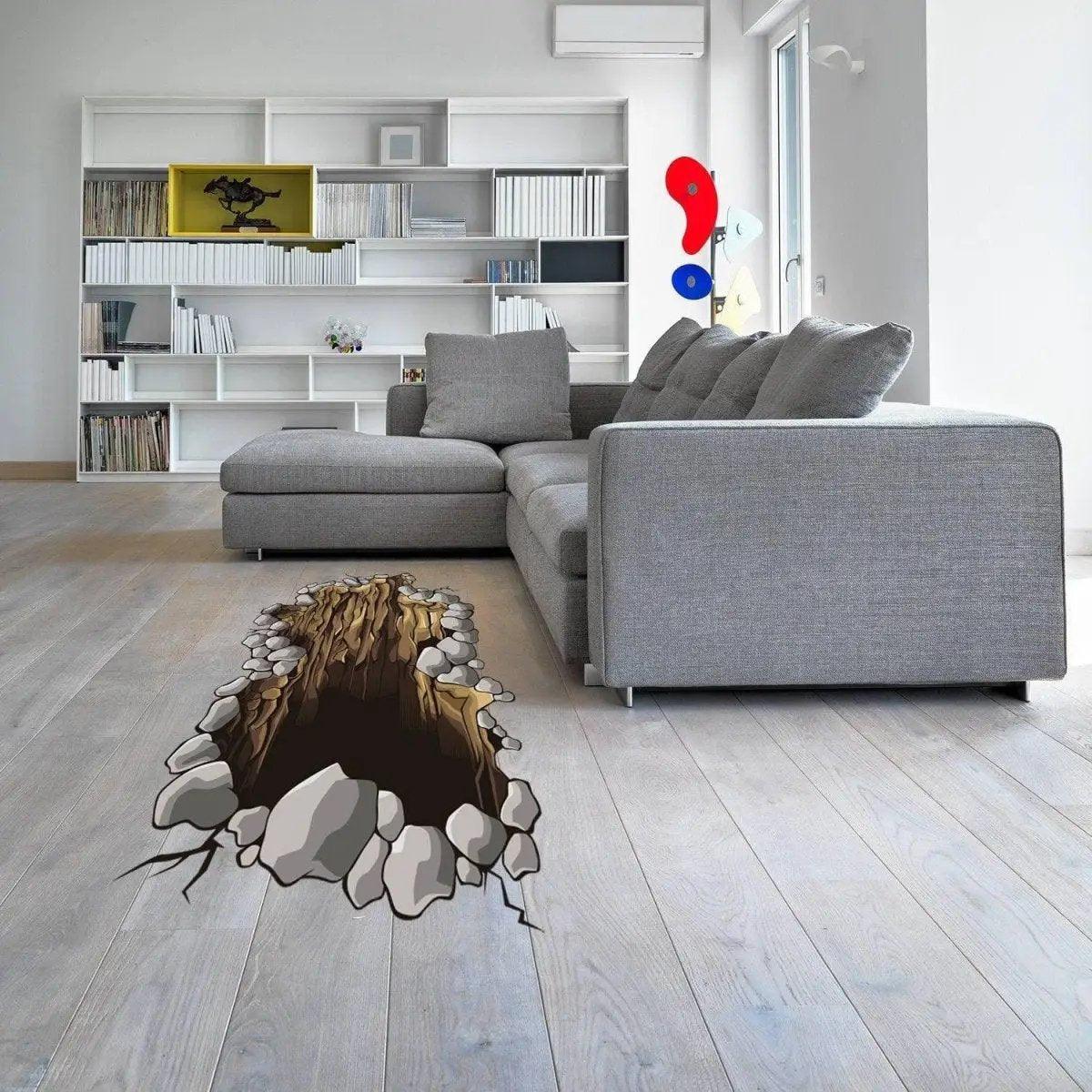 3D floor porthole decal with rocks in modern living room, adding vibrant decor and unique visual effect to the space.