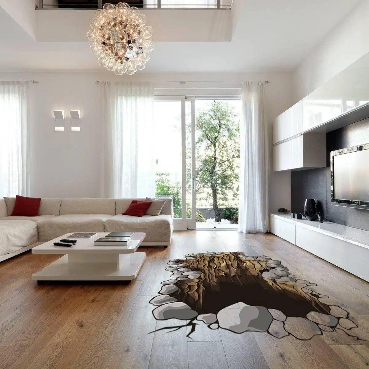 3D floor porthole decal showing a cracked wooden surface with rocks, enhancing a modern living room decor.