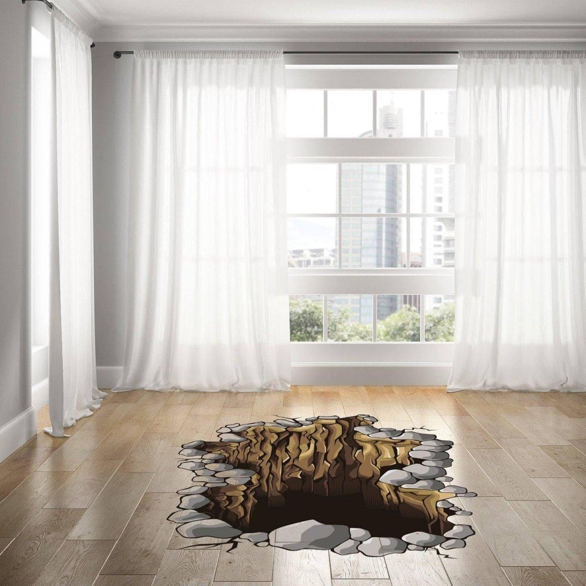 3D floor porthole decal in a living room, creating a transformative visual effect with realistic design.