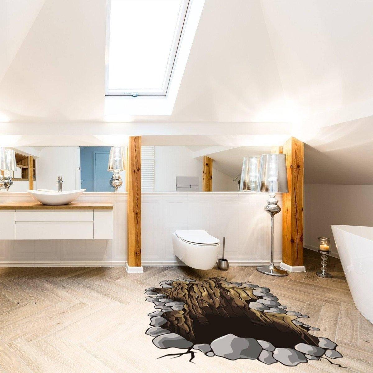 3D floor decal of a porthole revealing a rocky excavation, enhancing modern bathroom decor.
