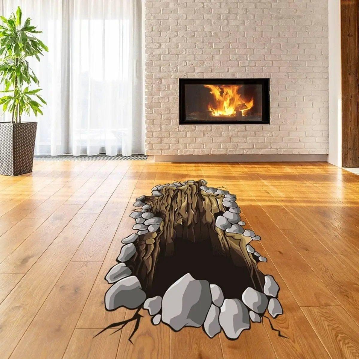 3D floor porthole decal on wooden floor, featuring rocks and a hole design, enhancing modern living room decor.