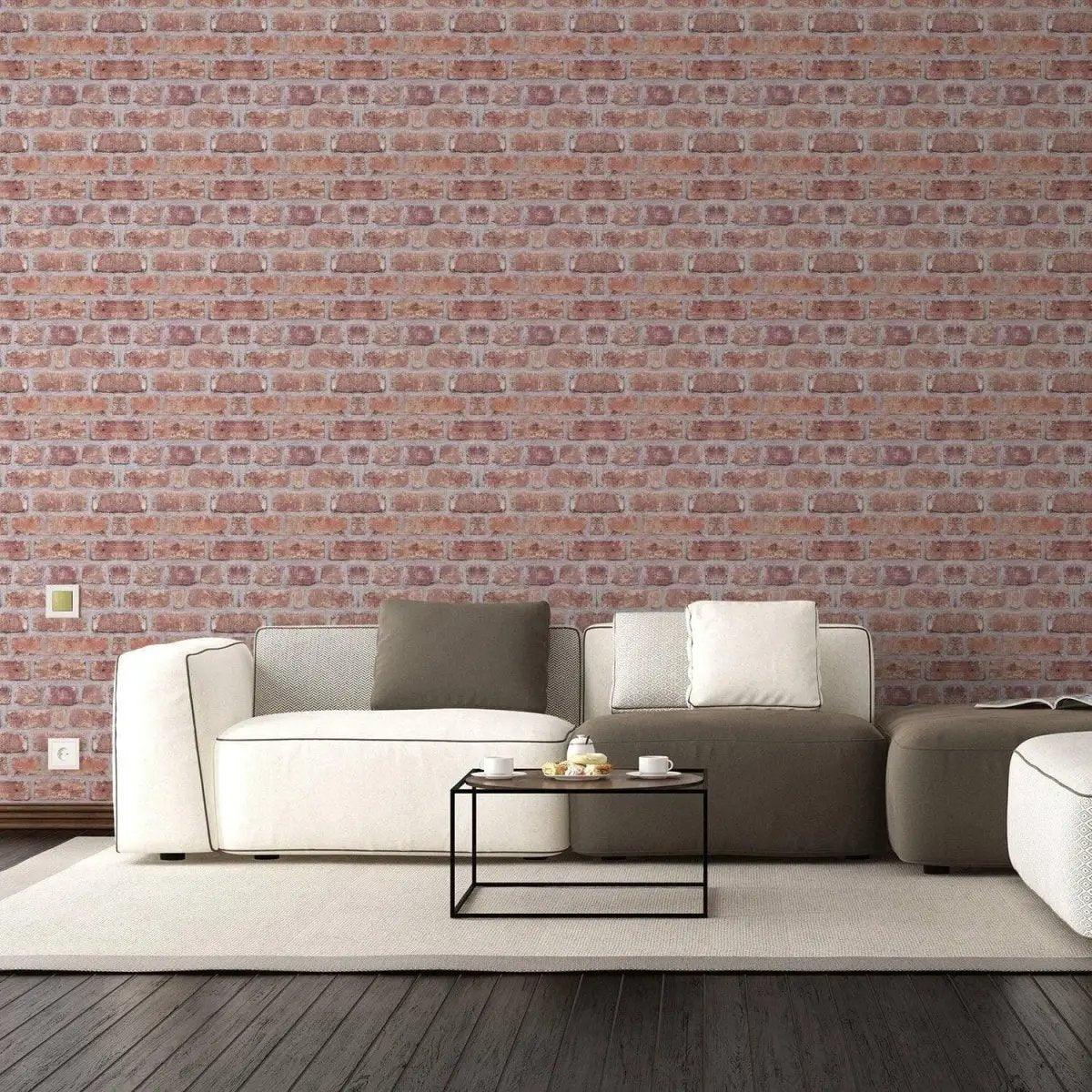Stylish living room featuring self-adhesive brick wallpaper for a stunning 3D stone wall effect.