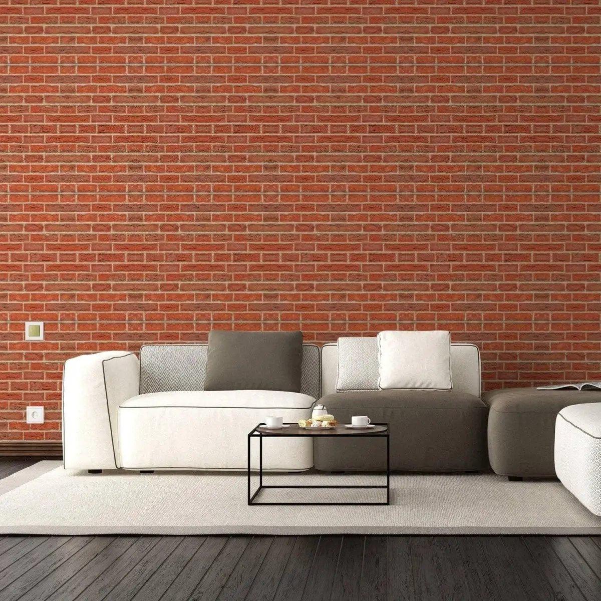 Living room with brick self-adhesive wallpaper, featuring a modern couch and coffee table for stylish home transformation.