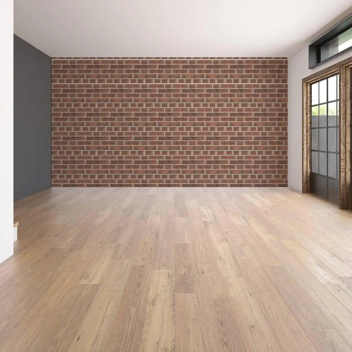 Spacious interior with 3D stone wall vinyl wallpaper, showcasing a stylish brick design and light wooden floor.