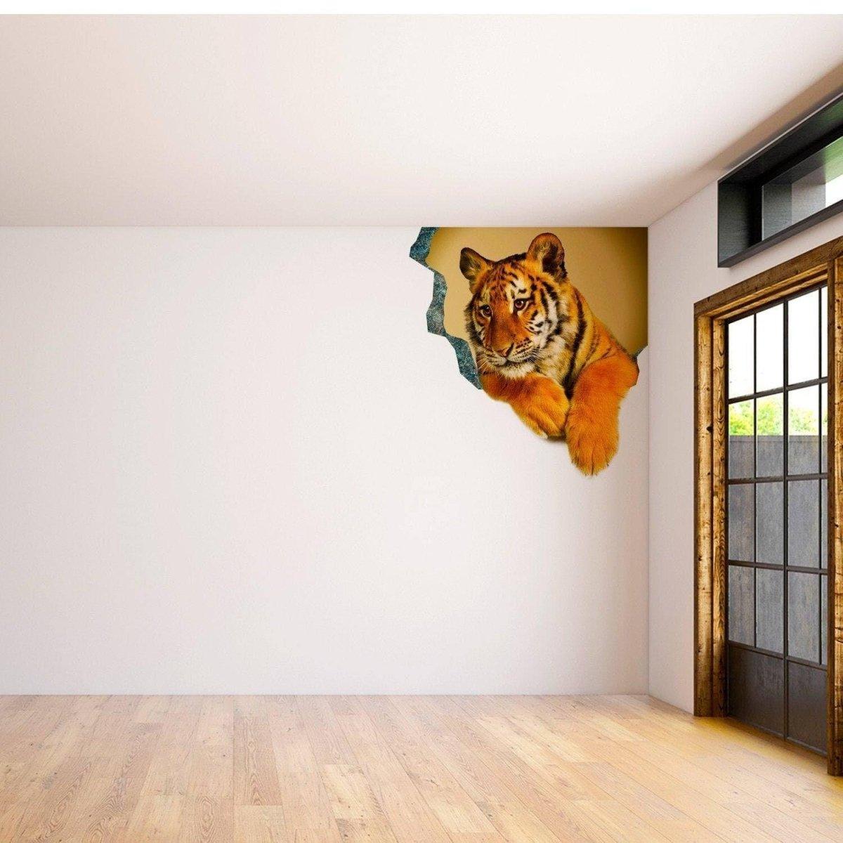 3D tiger porthole wall decal creating an optical illusion in a modern bedroom setting.