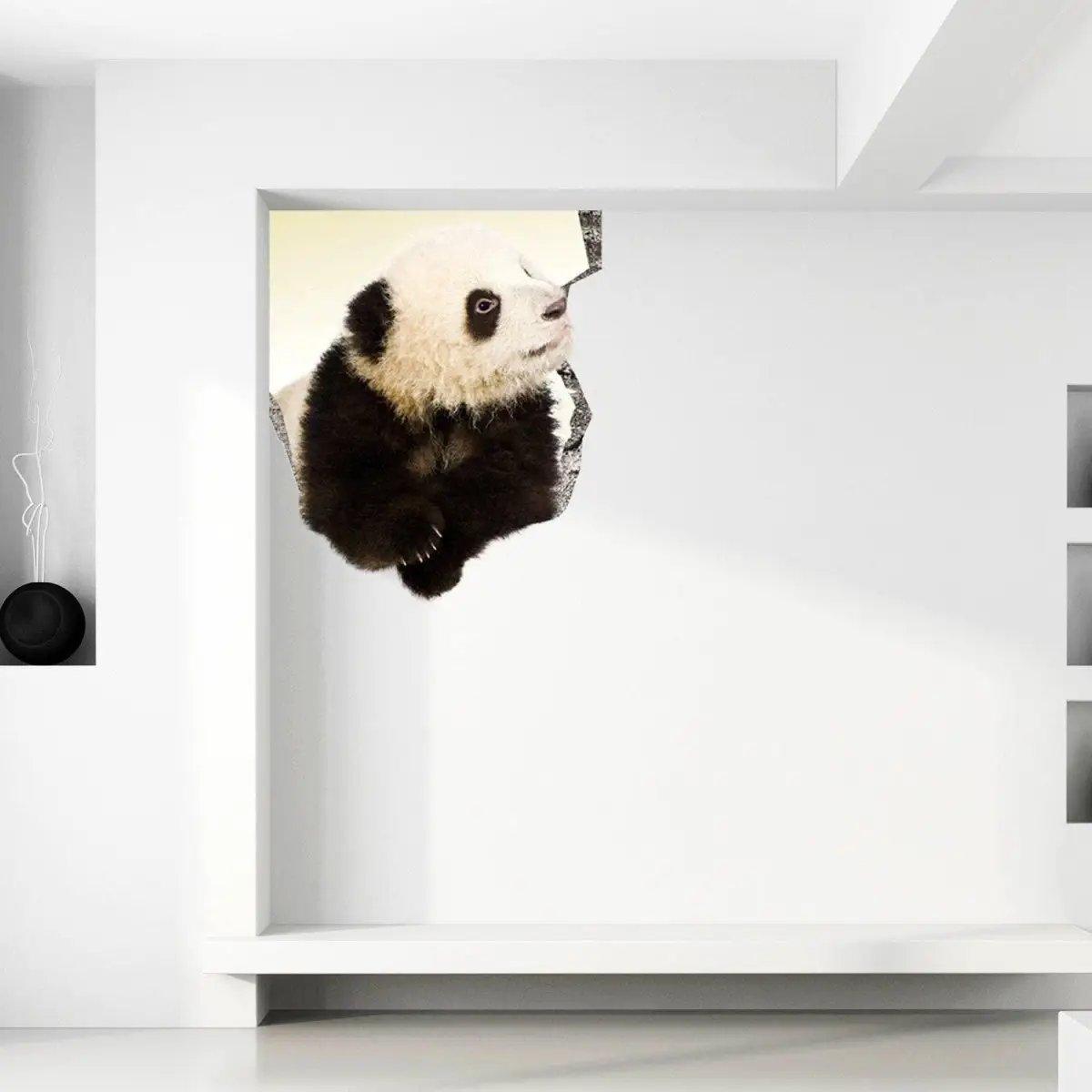 3D wildlife porthole wall decal featuring a cute panda peeking through a wall in a modern interior.