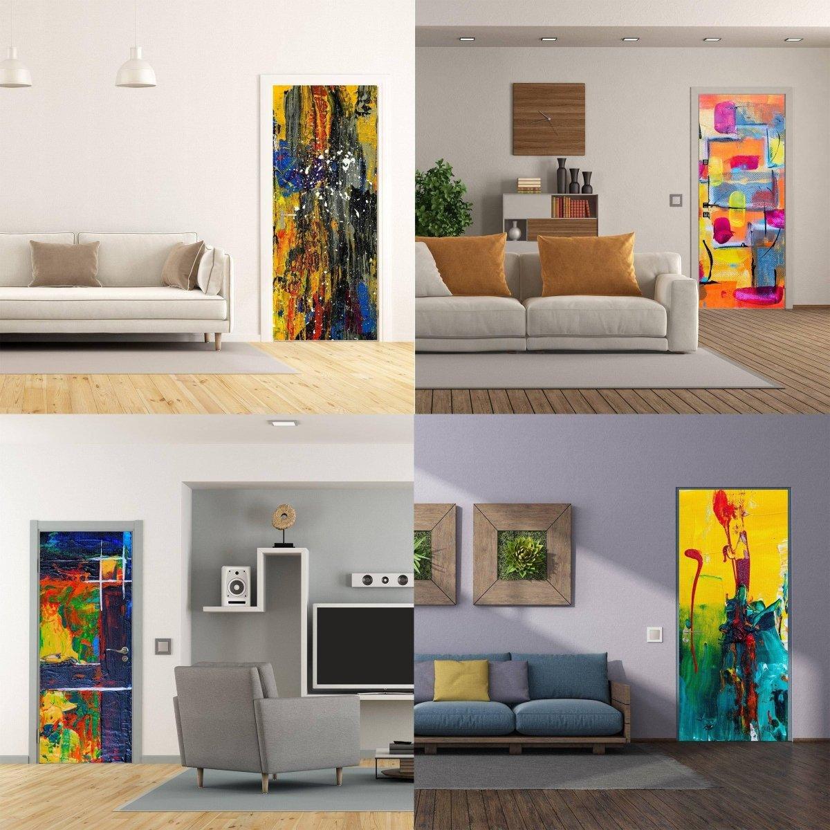 Collage of 3D abstract transformation door wraps in stylish living spaces, showcasing vibrant colors and creative designs.