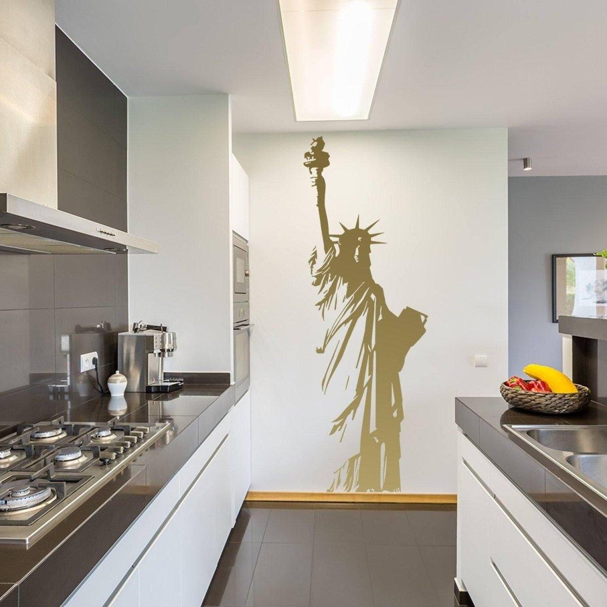 Statue of Liberty vinyl decal on kitchen wall, adding patriotic decor to modern space.