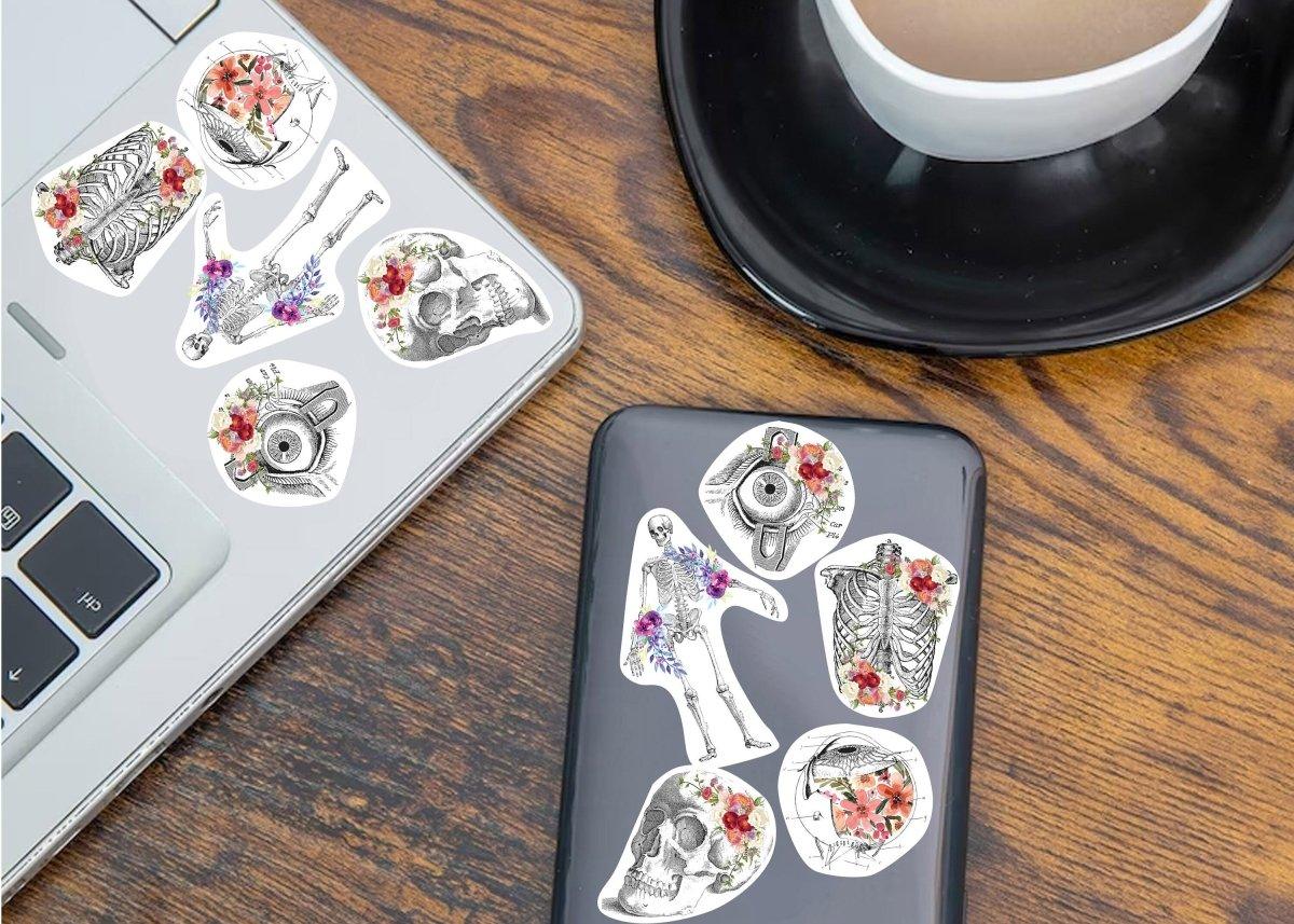 Colorful anatomical stickers on a laptop and phone, perfect for biology enthusiasts and medical professionals.