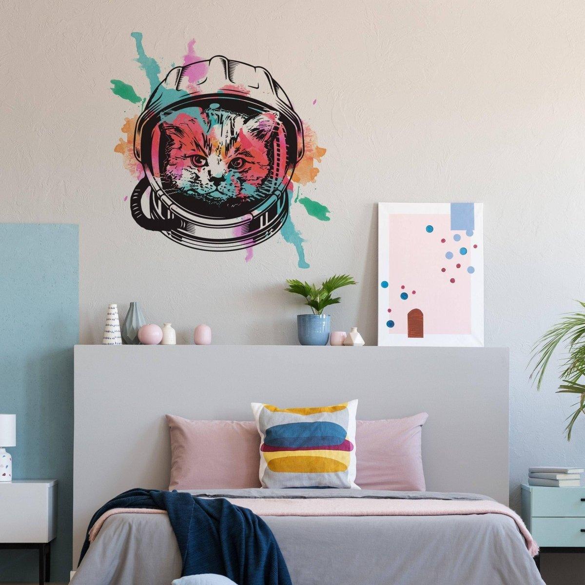Astronaut kitty wall decal in colorful design, perfect for kids' rooms and nurseries, adding whimsy and charm.