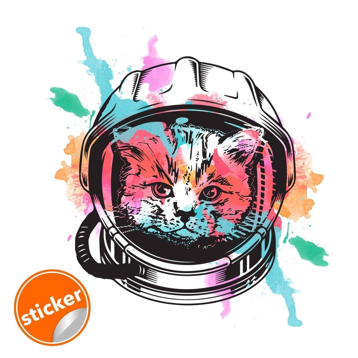 Whimsical astronaut kitty wall decal with vibrant colors, perfect for kids' room or nursery decor.
