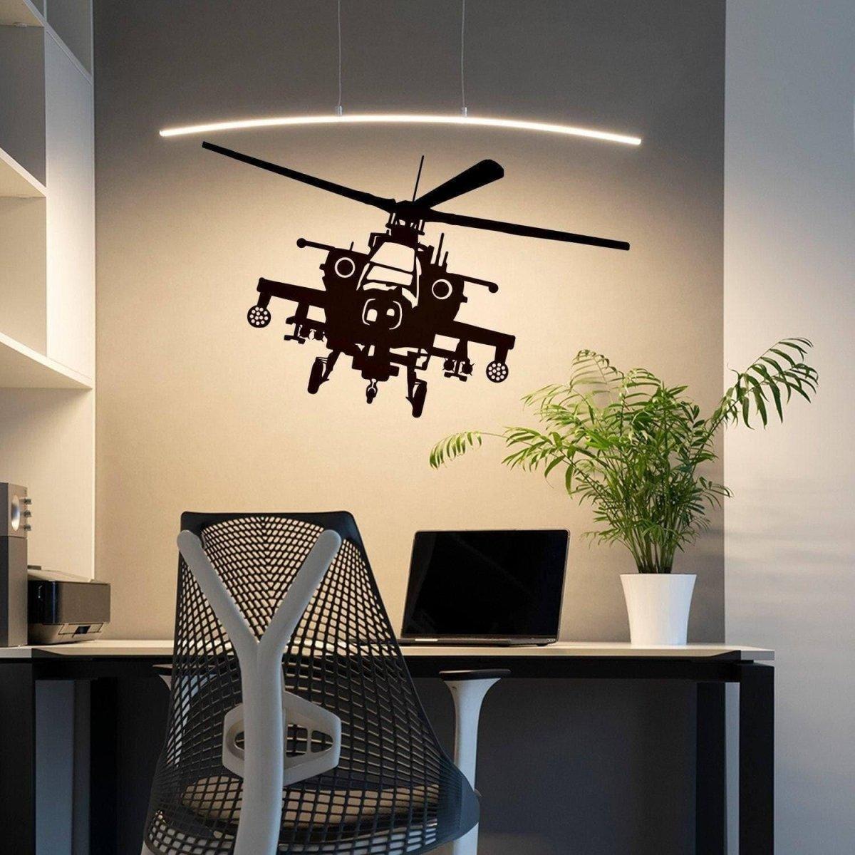 Aviator Dream Helicopter Wall Decal in a modern office setting, showcasing a sleek black design above a desk.