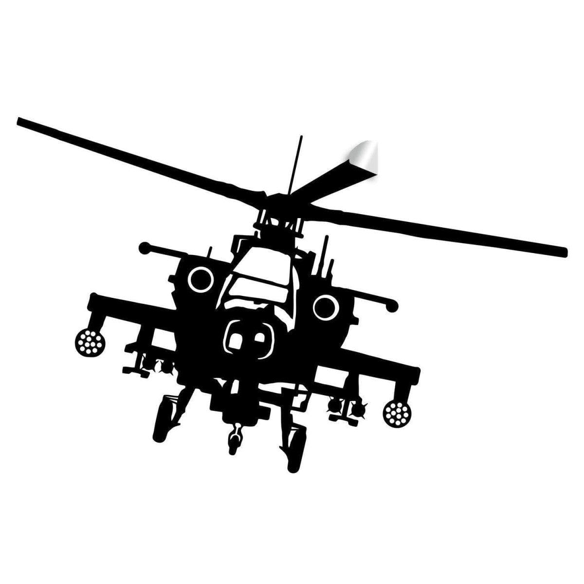 Silhouette of an Apache helicopter wall decal in black, perfect for kids' aviation-themed room decor.