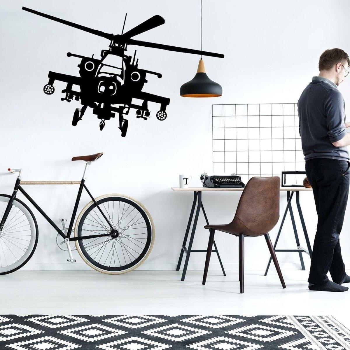 Aviator Dream Helicopter Wall Decal featured in a stylish modern workspace with a bicycle.