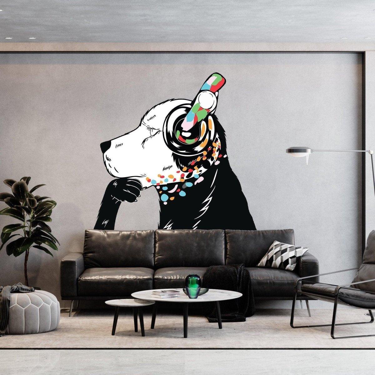Banksy style dog wall sticker with headphones and colorful accents in modern living room setting.