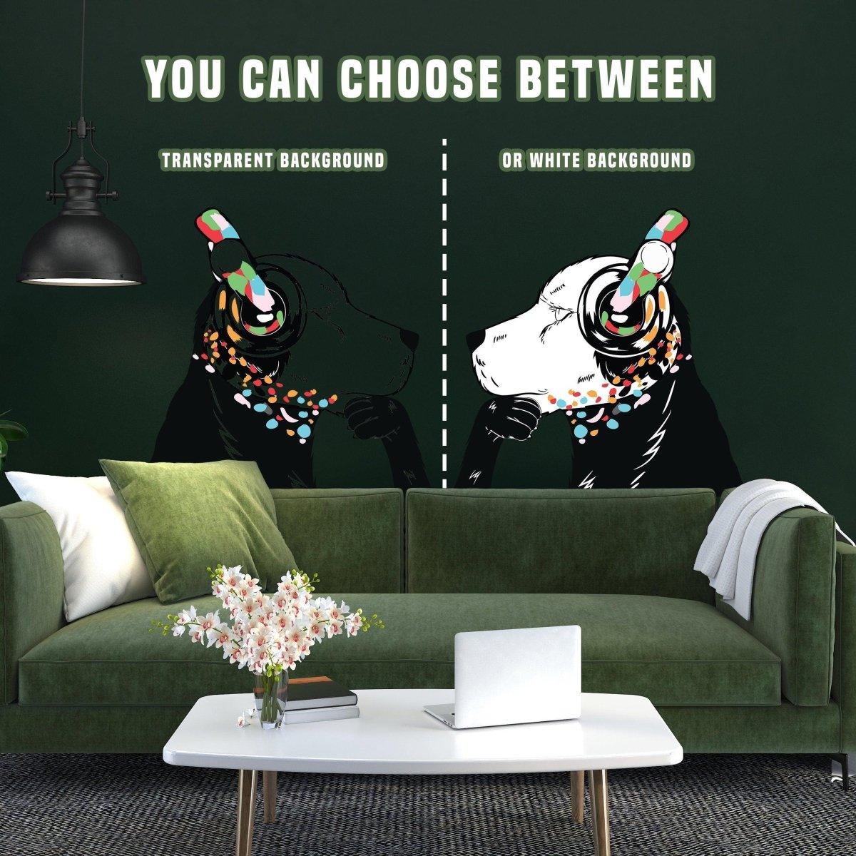 Banksy-inspired dog wall decals with customizable transparent or white backgrounds, modern street art decor.