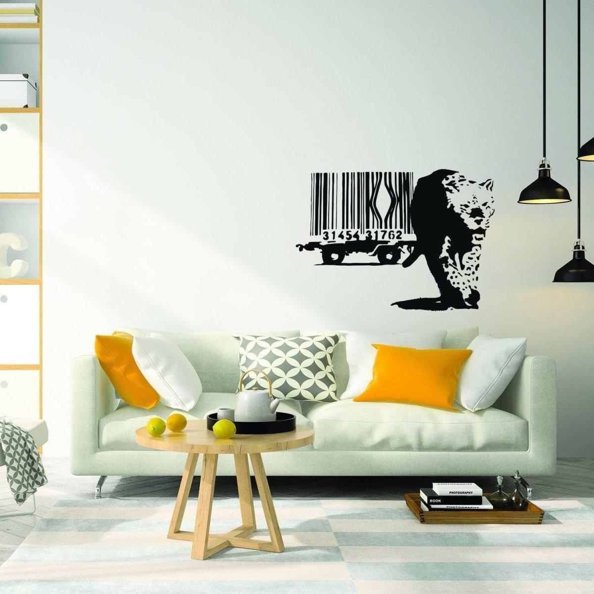 Artistic leopard barcode wall sticker in modern living room decor with stylish furniture.