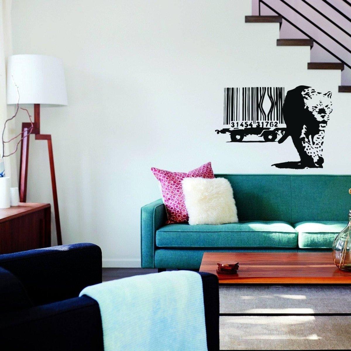 Artistic leopard barcode wall sticker decor in modern living room setting, adding stylish flair to interior design.