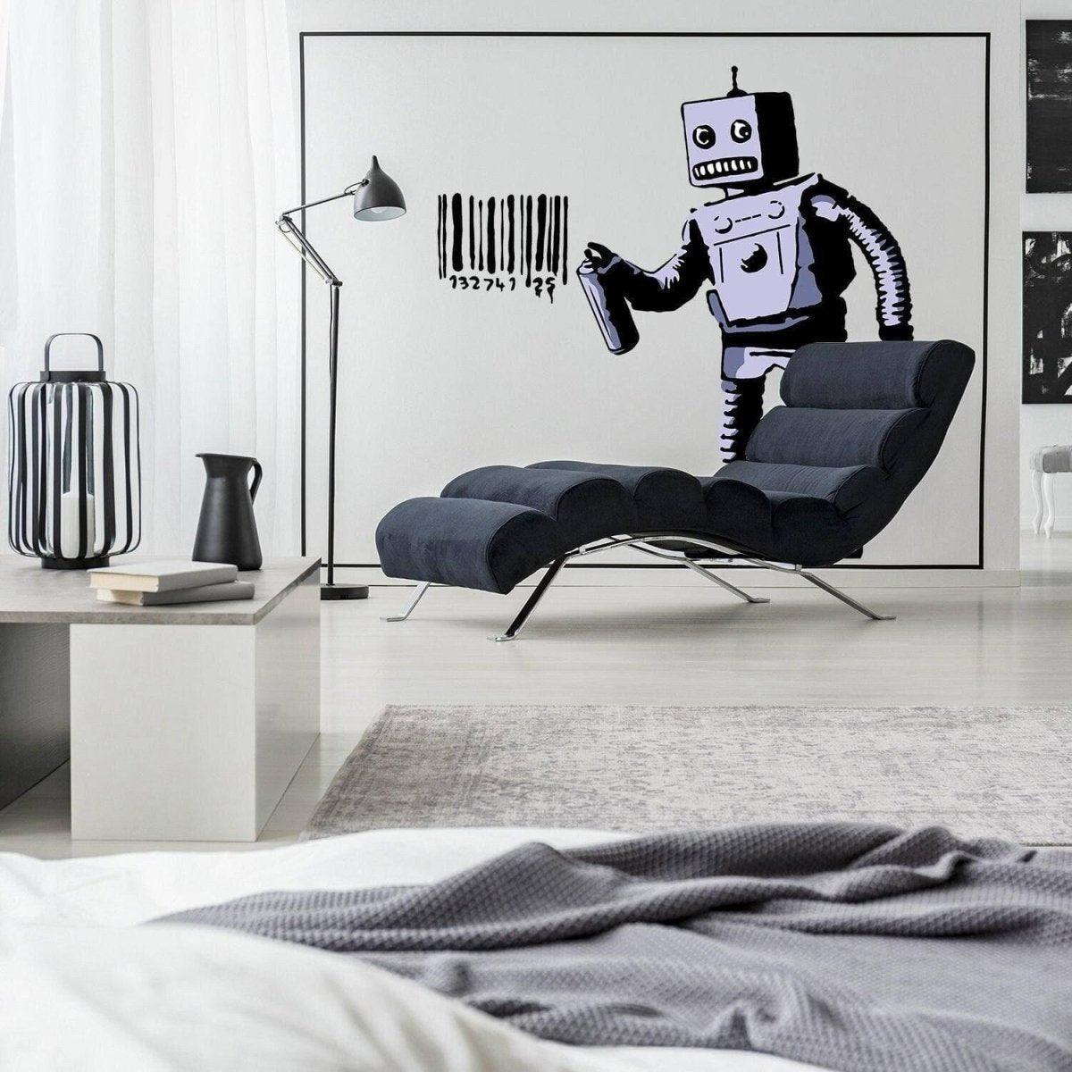 Urban street art wall vinyl sticker featuring a barcode robot in a modern, stylish living room.