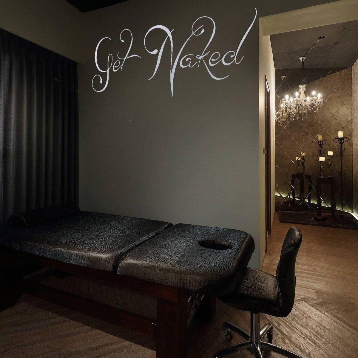 Fun bathroom decor featuring 'Get Naked' wall decal in a stylish, modern bathroom setting.