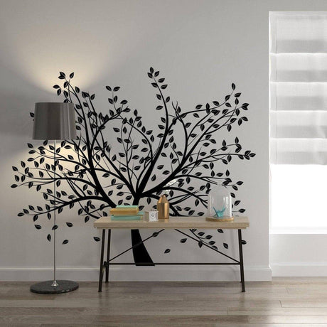 Birch Grove vinyl wall decal featuring a tree design with leaves, enhancing a modern living space.