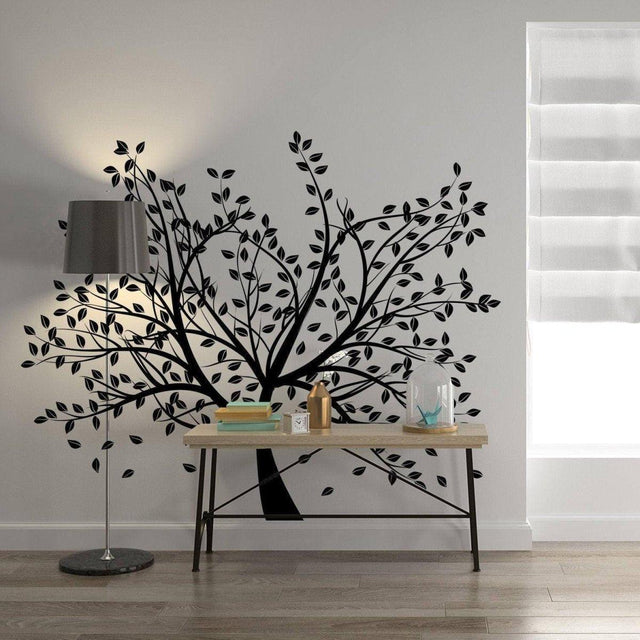 Birch Grove vinyl wall decal featuring a tree design with leaves, enhancing a modern living space.