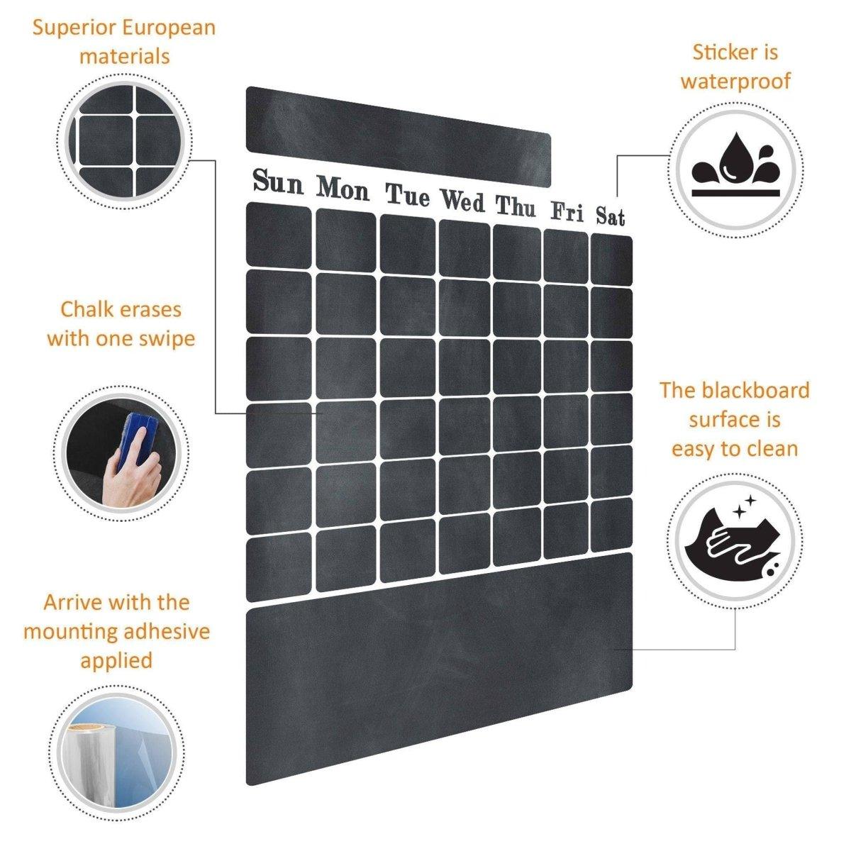 Reusable chalkboard wall sticker features, including easy cleaning, waterproof design, and superior materials.