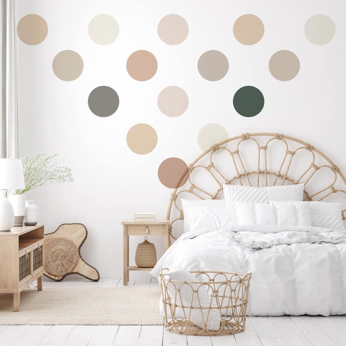 Neutral Boho Circle Wall Decals in a cozy bedroom, adding playful and earthy decor to the space.