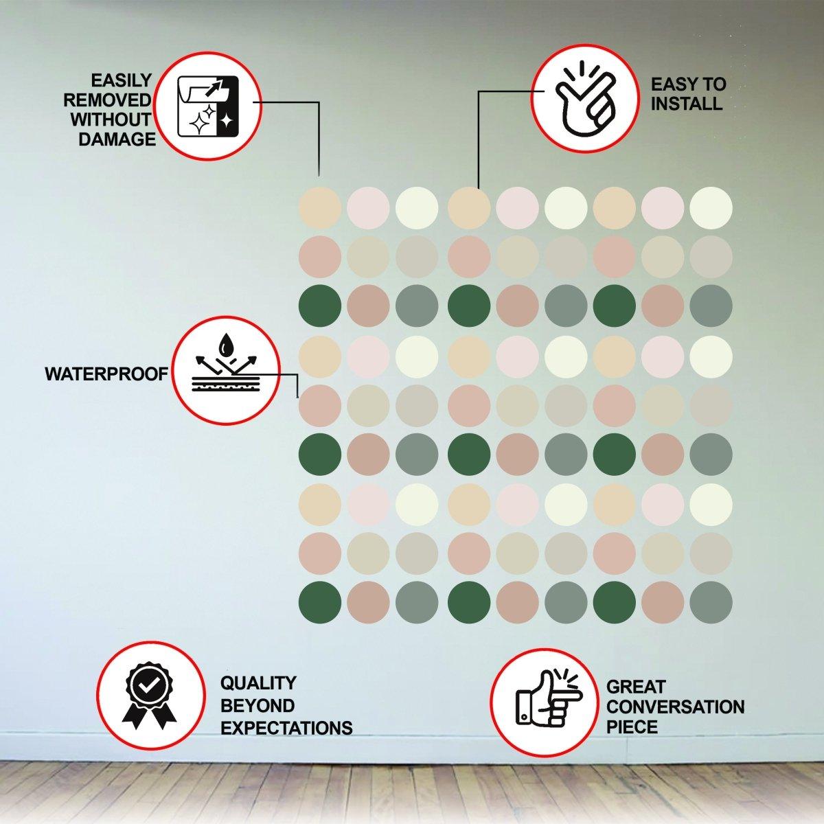 Boho circle wall decals on a wall showcasing easy installation, waterproof quality, and easy removal features.